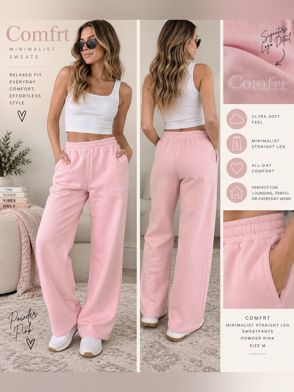 Comfrt Minimalist Straight Leg Sweatpants Powder Pink Size M